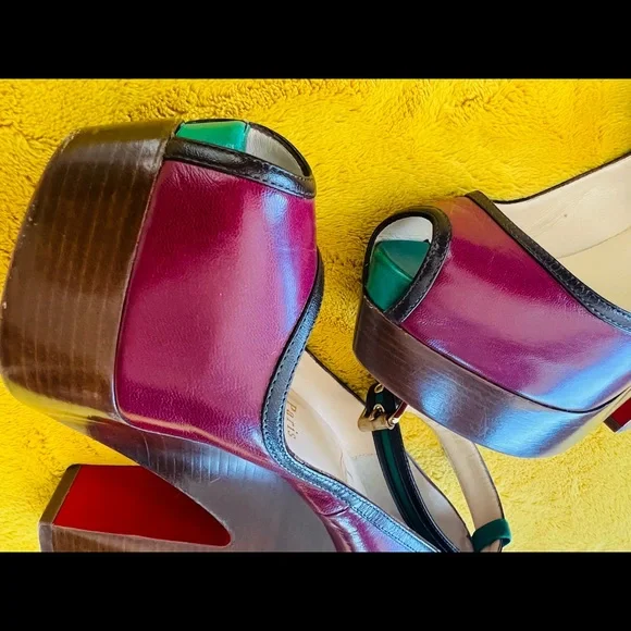 Christian Louboutin Platform Heels size 35.5 Burgandy/ green/ Tan leather - Picture 3 of 6